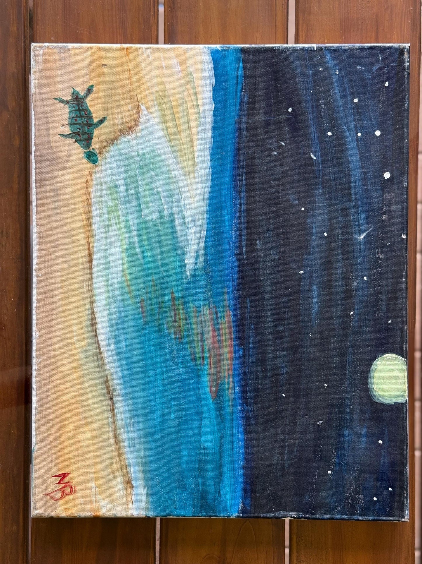 A painted canvas original artwork turtle sea moon night amateur not? Art artist