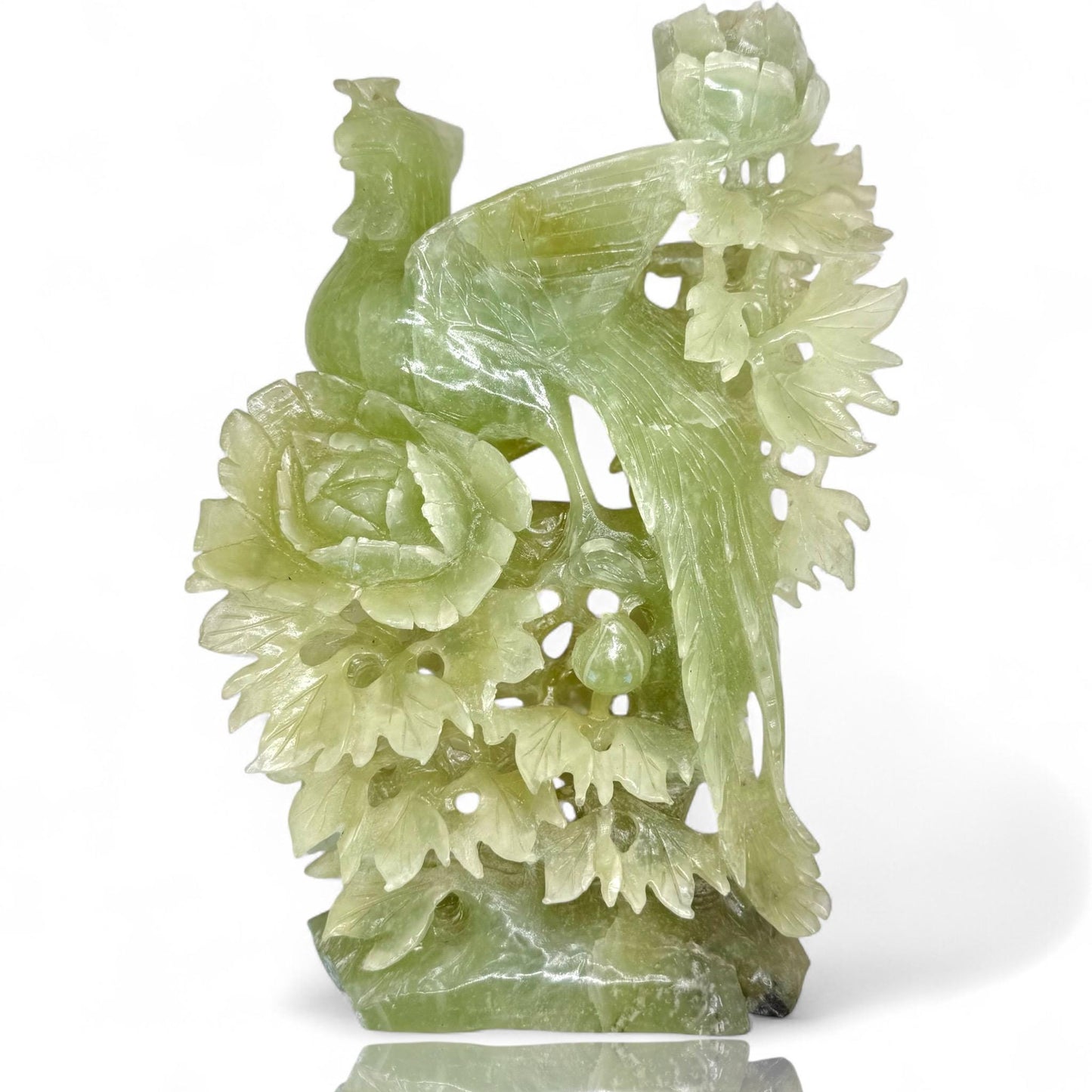 Antique Natural Xiu Jade Hand-Carved Phoenix Bird and Rose Bush Sculpture Art