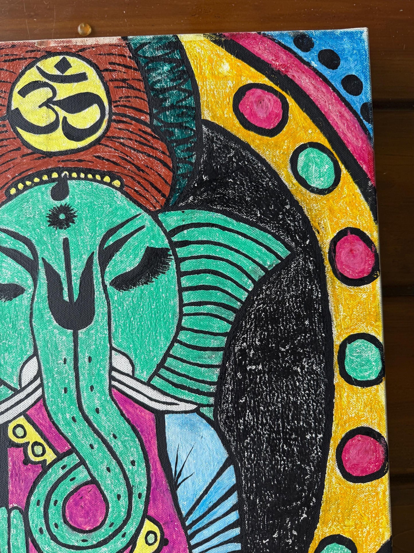 An Original Painted Canvas Artist Art Signed Ganesh Artwork Spiritual Drawing