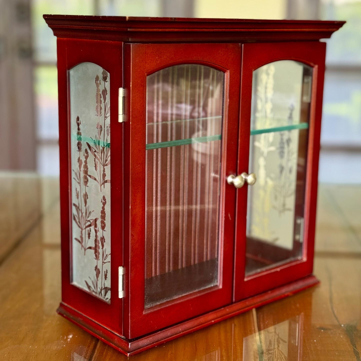 A Cherry Wood Glass Trinket Vintage Wall Hanging Display Jewelry Charm Cabinet