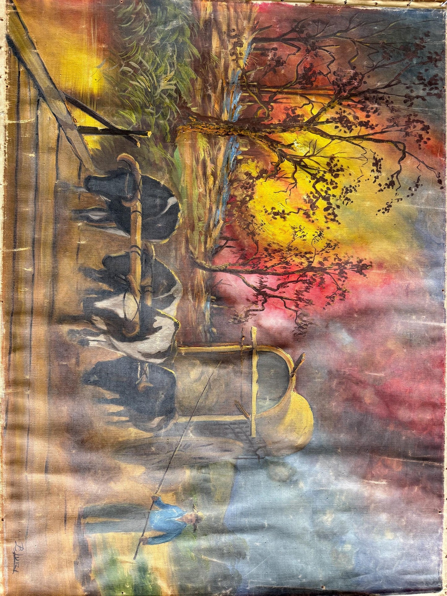 An Old Original Painting Signed Benedito Luizi Cowboy Western Wagon Mill Road