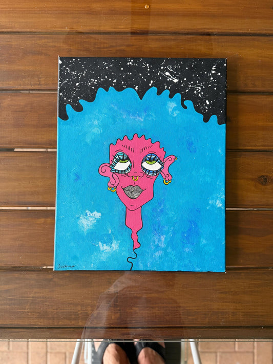 A Signed Painted Canvas Artist Original Artwork Pink Blue Girl Indie “arianna”