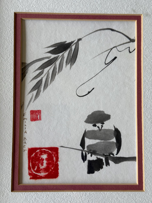 Original Signed Sumi-e Ink Painting "Bird and Bamboo" by Emilia Baer Asian Art