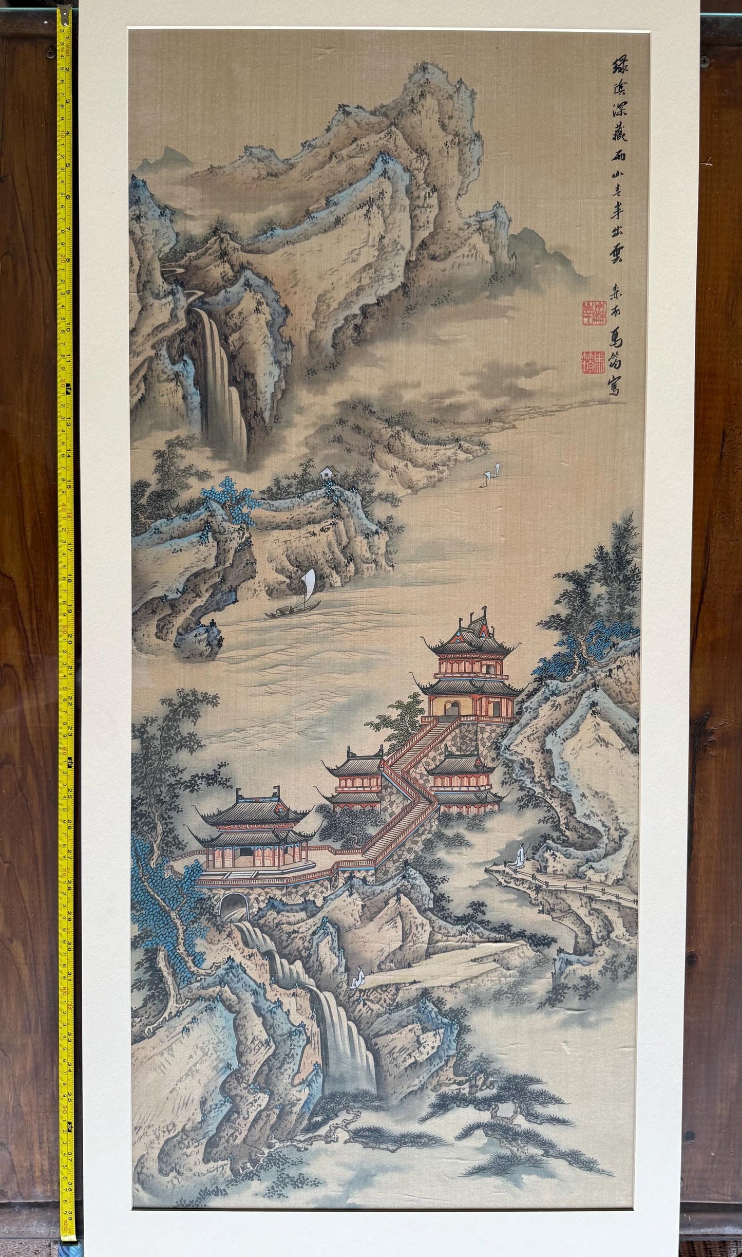 A Japanese Watercolor Painting Hanging Scroll Art Silk Mountain River Landscape