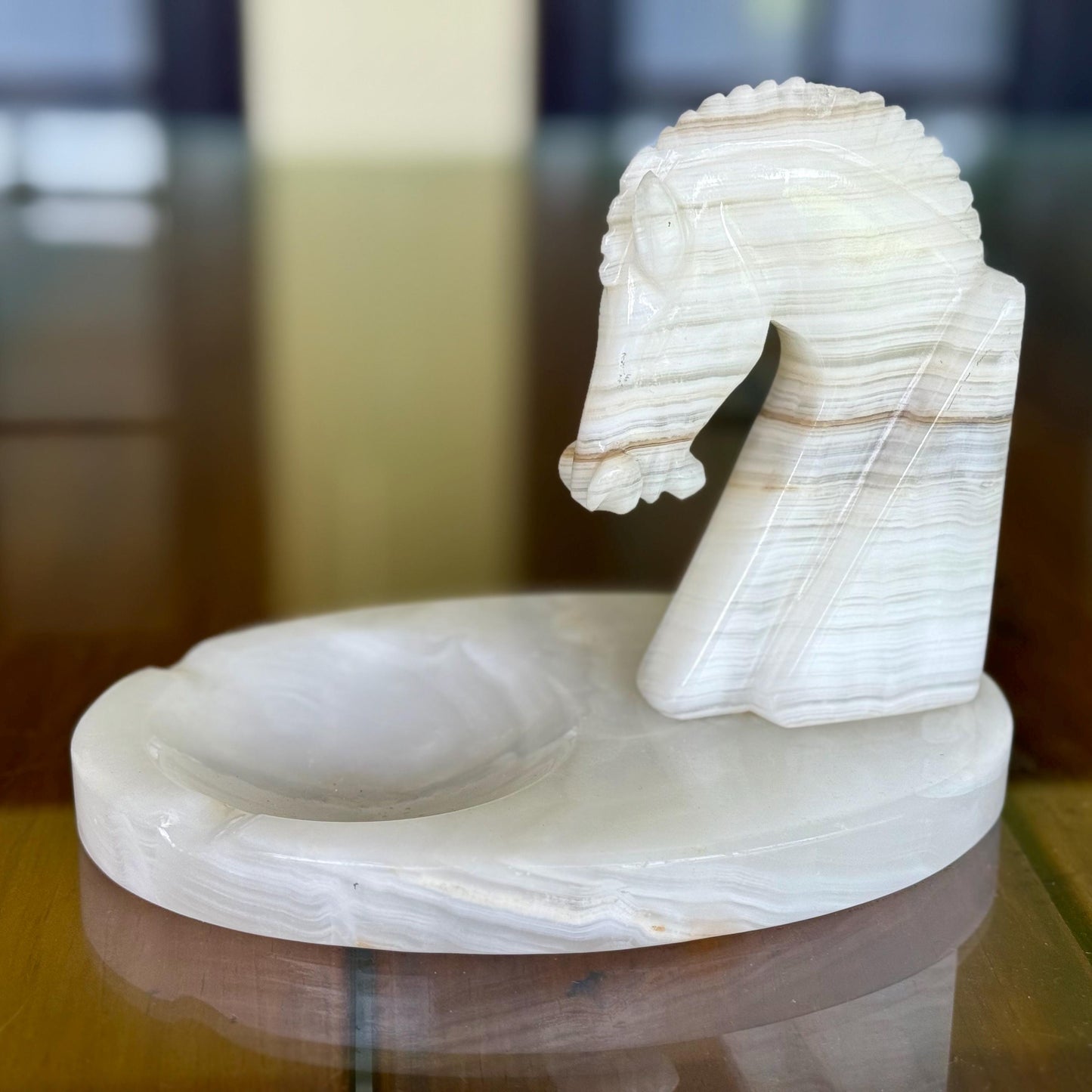 A Handmade Ashtray White Marble Onyx Sculptured Chess Trojan Horse Head Display
