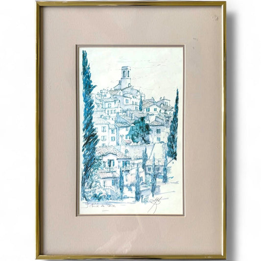 A Verona Blue Line Art Watercolor painting St Paul De Vence Signed Lithography