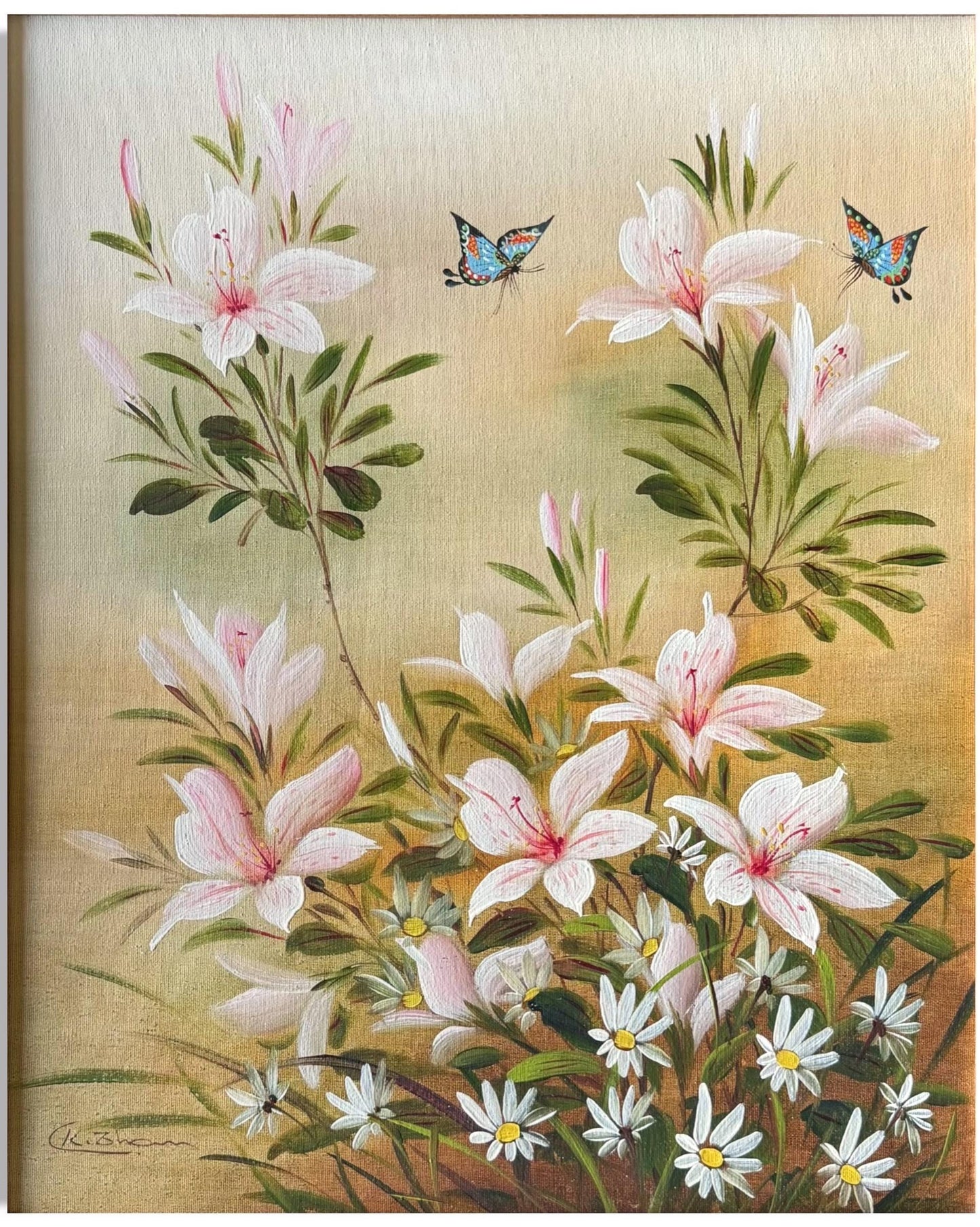 A Painted Canvas Original Art Signed CK Pink Stargazer Lily Flowers Butterflies