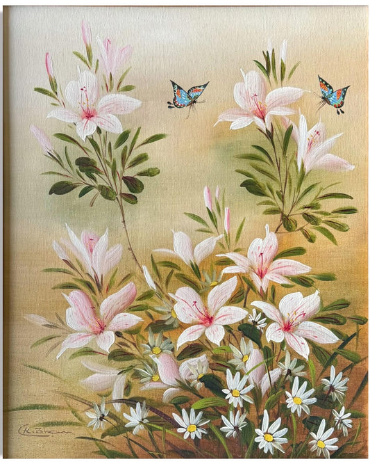 A Painted Canvas Original Art Signed CK Pink Stargazer Lily Flowers Butterflies