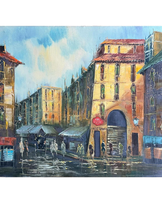 A Vintage Paris Street Scene Oil Painting On Canvas Figures Casa Peko Souven Las