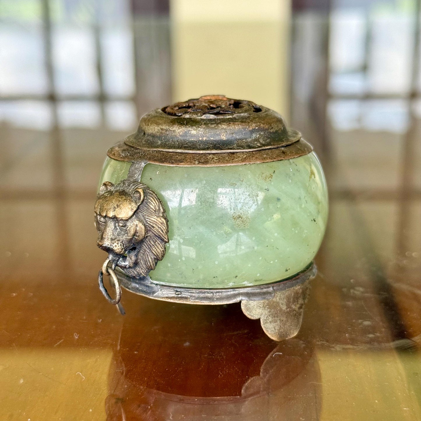 Antique Green Nephrite Jade and White Metal Foo Dog Dragon Incense Burner Jar Chinese