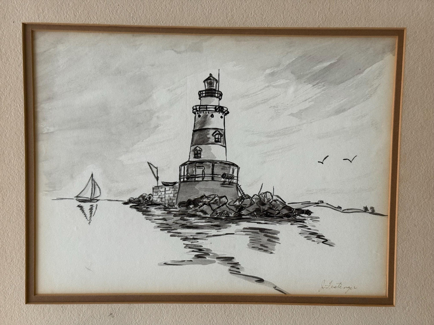 Seaside Lighthouse Pen & Ink Drawing – Vintage Framed Original Art Signed Classic Coastal Home Decor