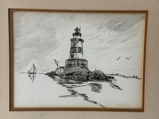 Seaside Lighthouse Pen & Ink Drawing – Vintage Framed Original Art Signed Classic Coastal Home Decor