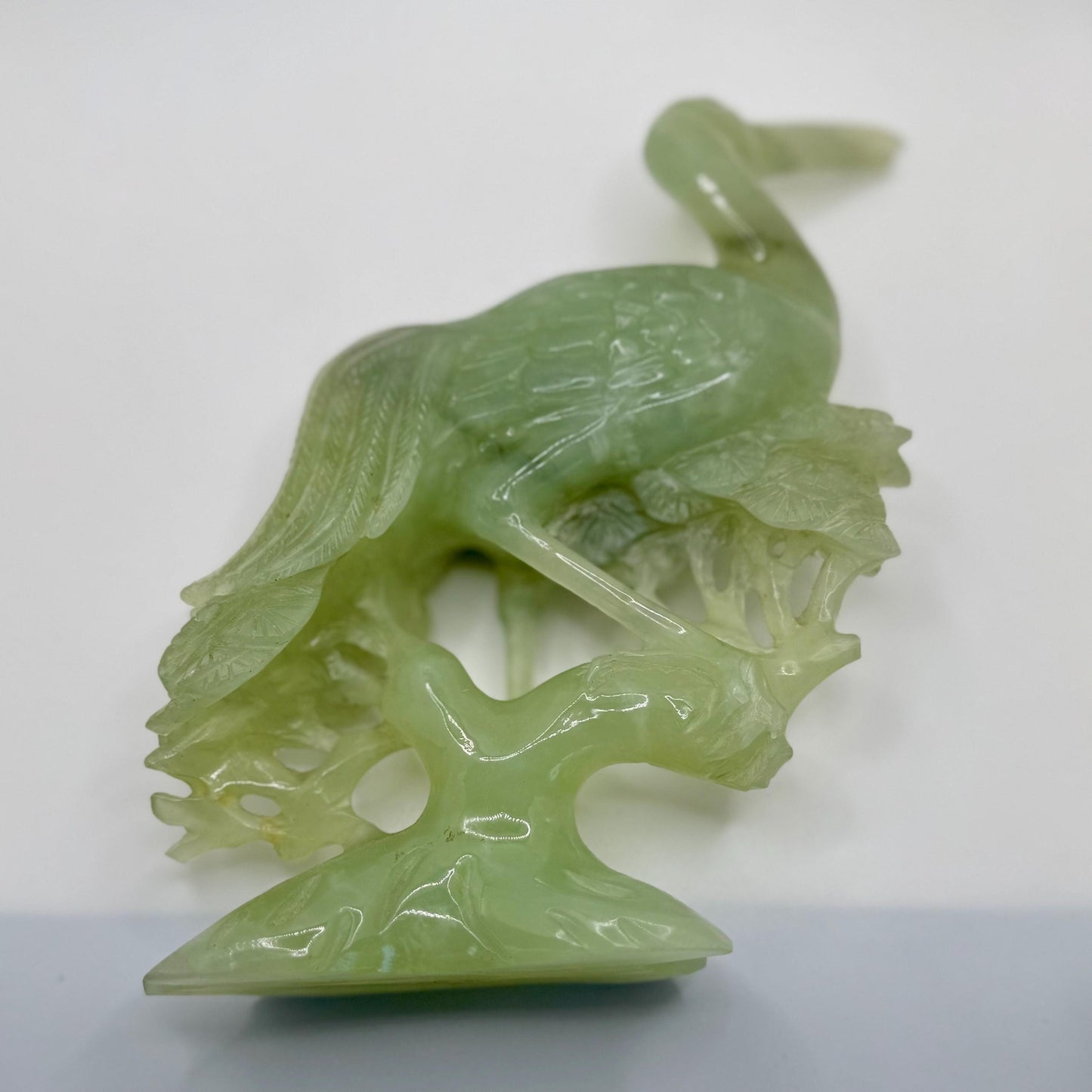 Antique Chinese Hand-Carved Light Green Jade Crane Bird Prunus Flower Sculpture Art