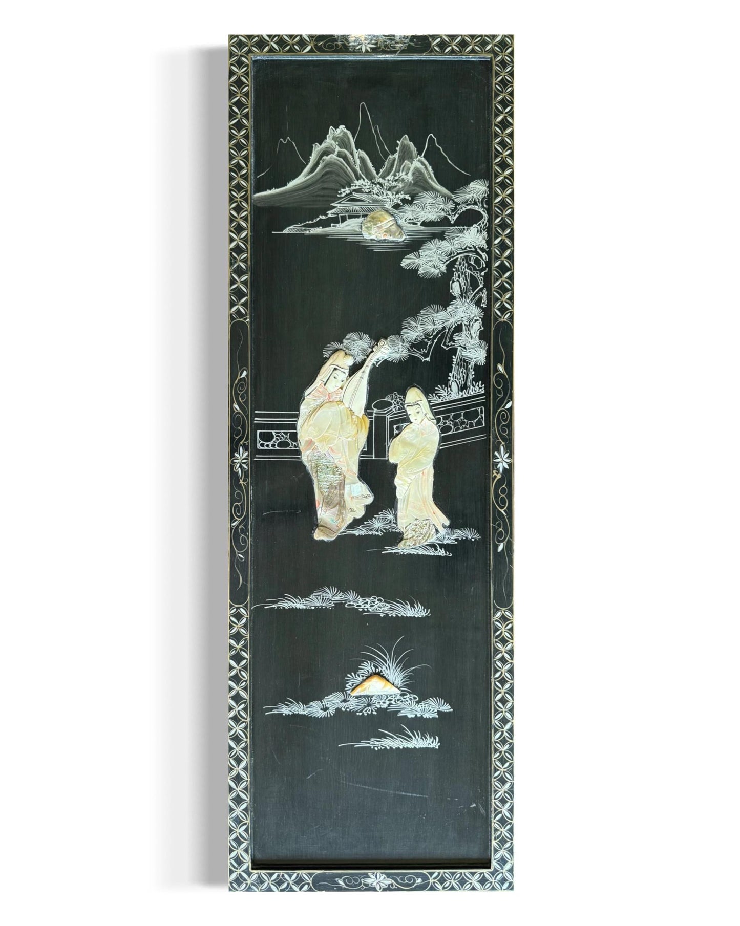 A Vintag Mother Of Pearl Asian Art Hand Painting Wall Hanging Wood Black Lacquer