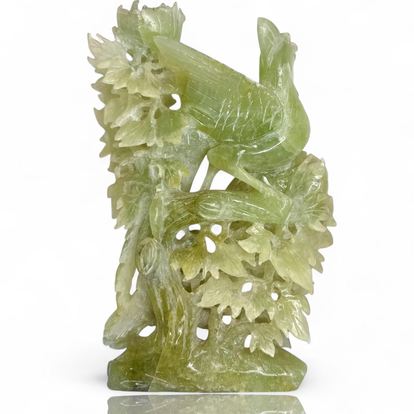 Antique Natural Xiu Jade Hand-Carved Phoenix Bird and Rose Bush Sculpture Art