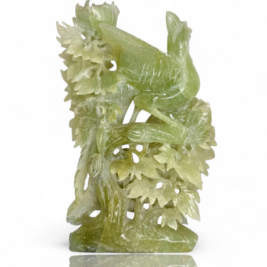 Antique Natural Xiu Jade Hand-Carved Phoenix Bird and Rose Bush Sculpture Art