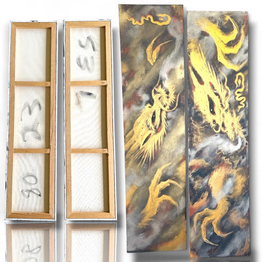 A Spray Painted Canvas Original Art Signed Metallic Gold Silver Smoking Dragon