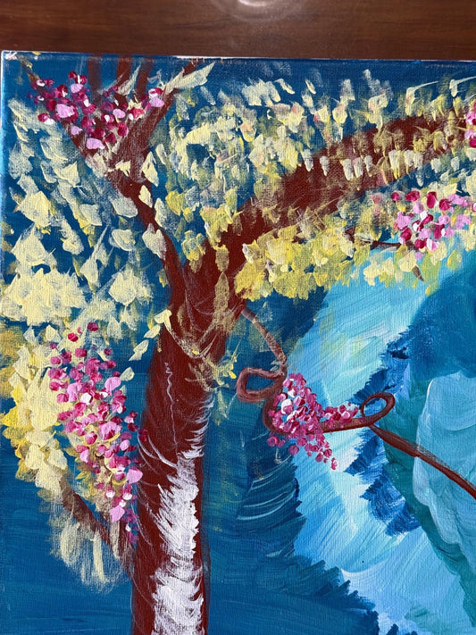 A Painted Canvas Artist Original Artwork Art Piece Pink Blue Cherry Blossom Tree