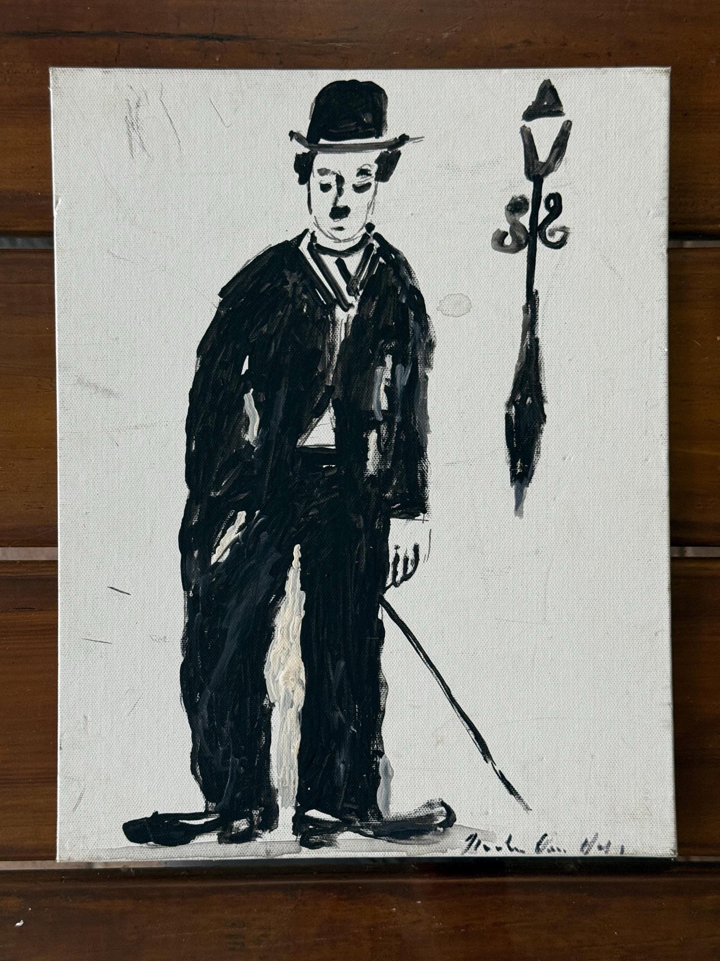 A Painted Canvas Artist Signed Original Artwork Art of Charlie Chaplin Debout #3