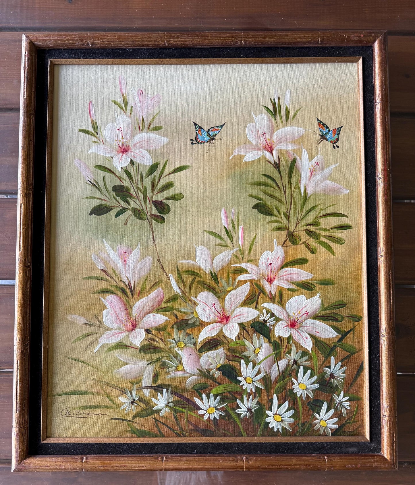 A Painted Canvas Original Art Signed CK Pink Stargazer Lily Flowers Butterflies