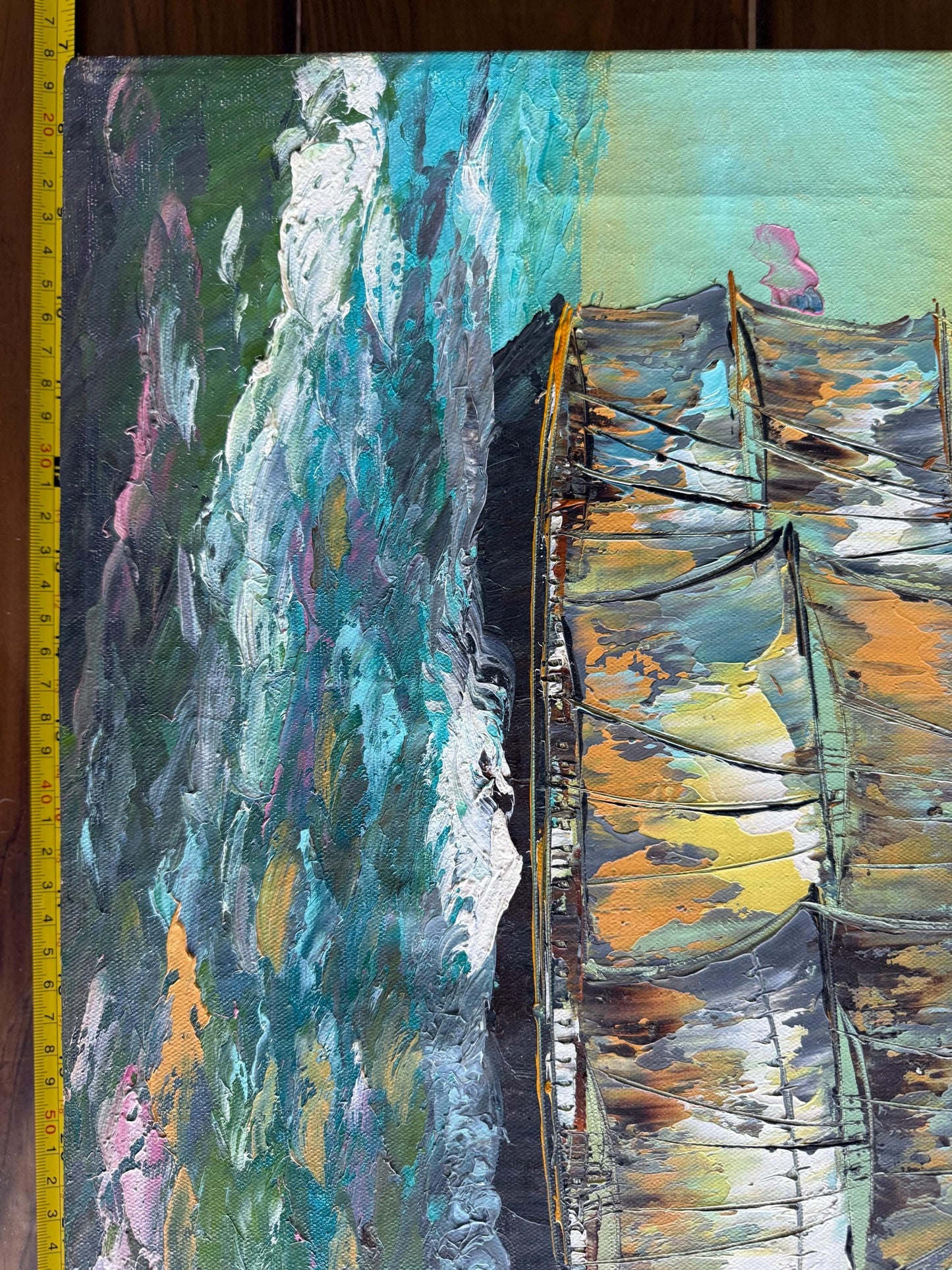 A Vtg Painted Canvas Signed Original Maritime 20th Century Ship Sea Art Y.Kinker