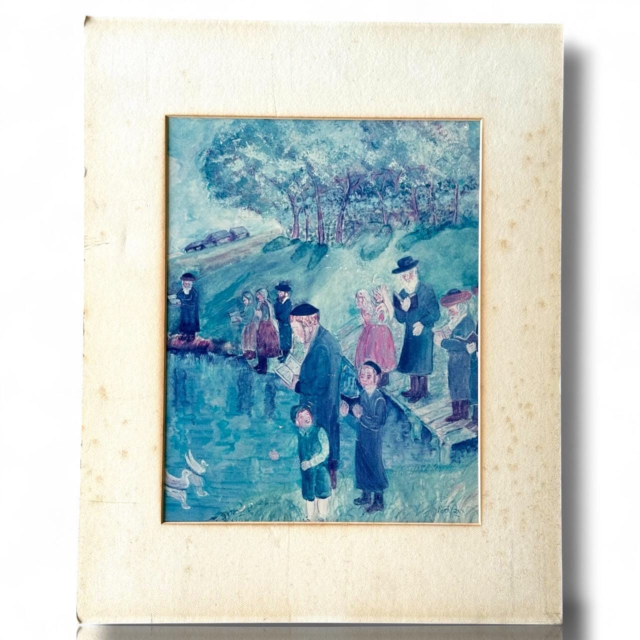 A vintage folksy Judaica lithograph of painting birkat halevana artwork art Old