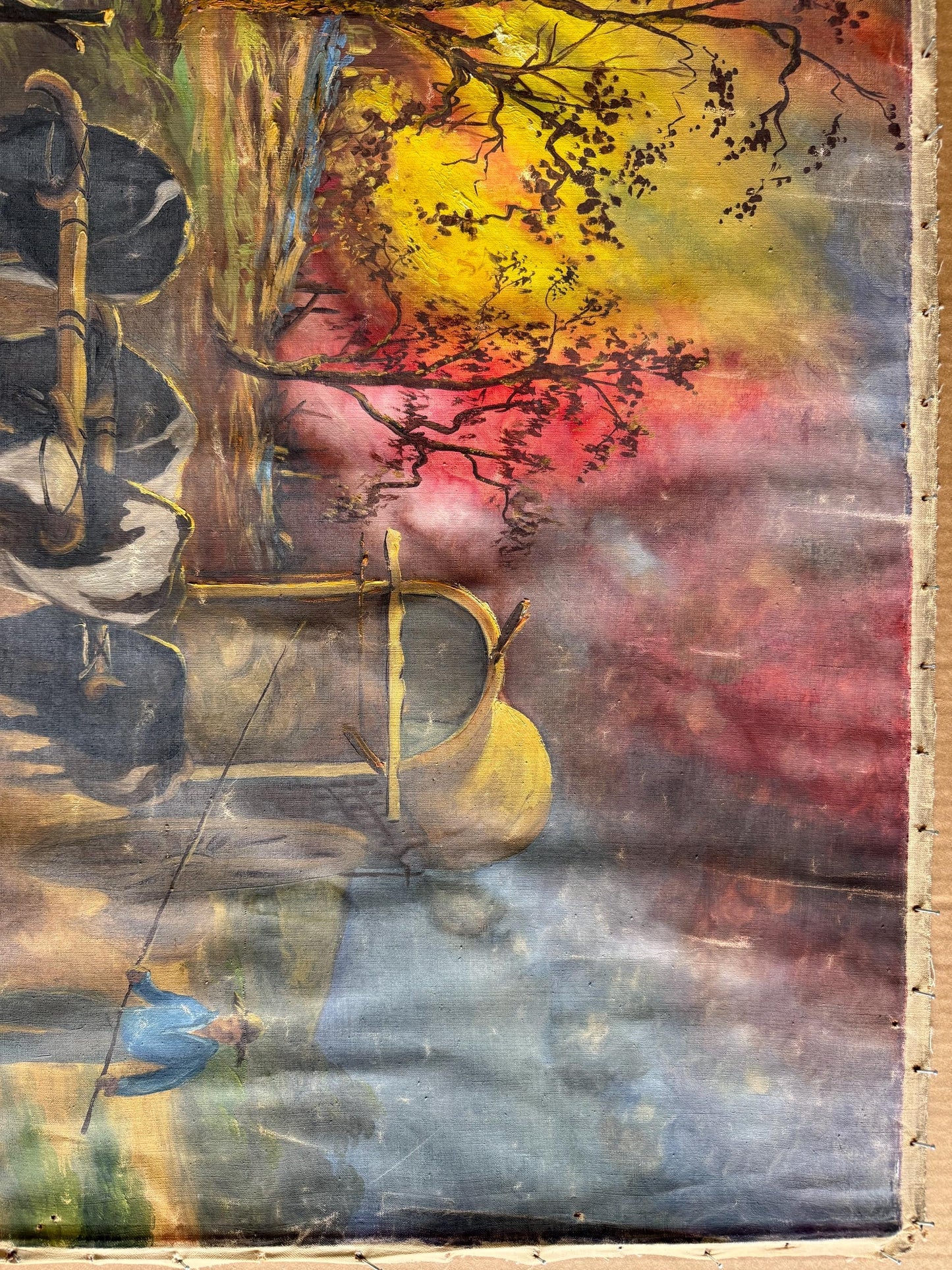 An Old Original Painting Signed Benedito Luizi Cowboy Western Wagon Mill Road