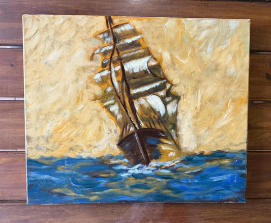 Clipper Sailboat Impressionistic Acrylic Painting Original Canvas Artwork Signed