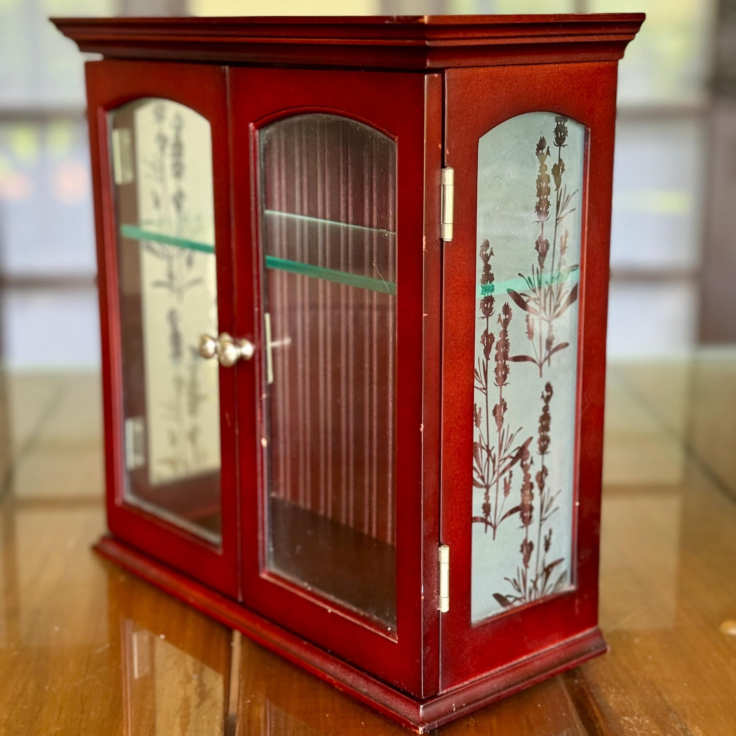 A Cherry Wood Glass Trinket Vintage Wall Hanging Display Jewelry Charm Cabinet