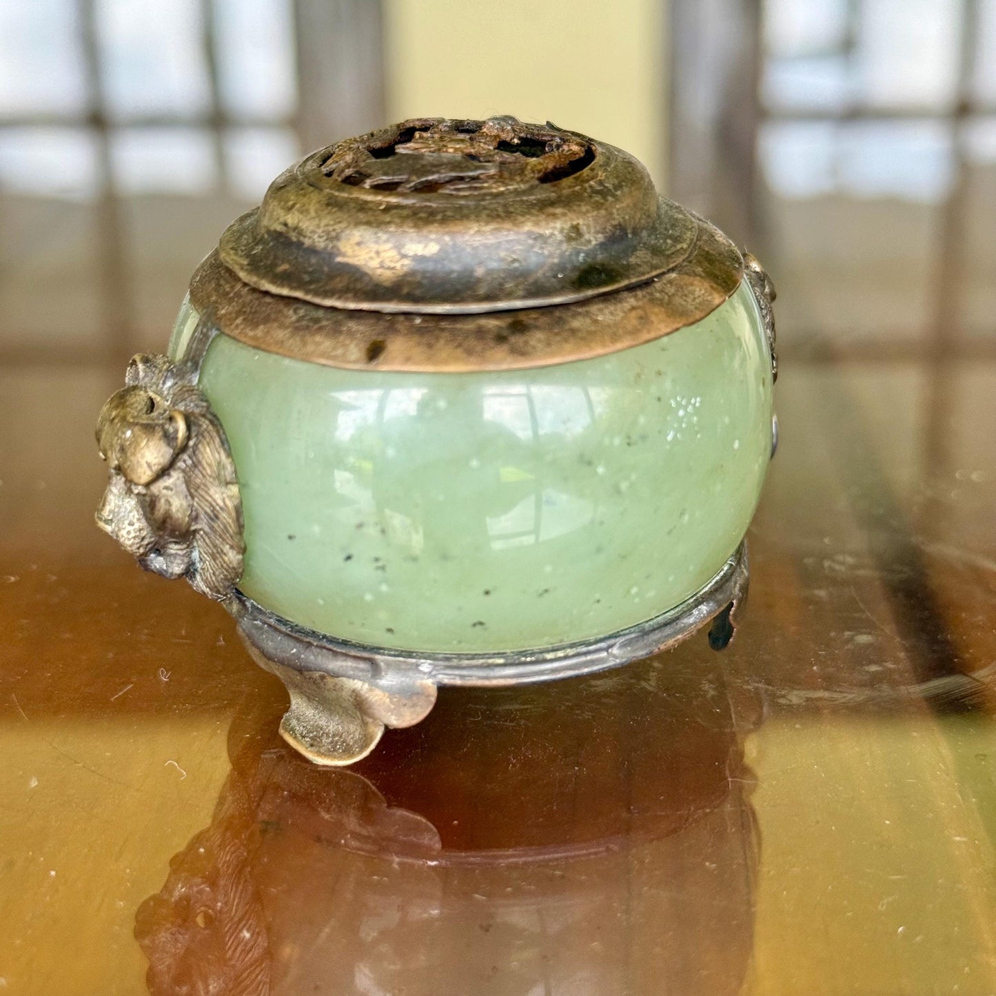 Antique Green Nephrite Jade and White Metal Foo Dog Dragon Incense Burner Jar Chinese