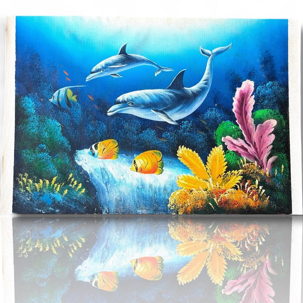 A Signed painted Original Canvas Underwater Sea Reef Dolphins Fish world art