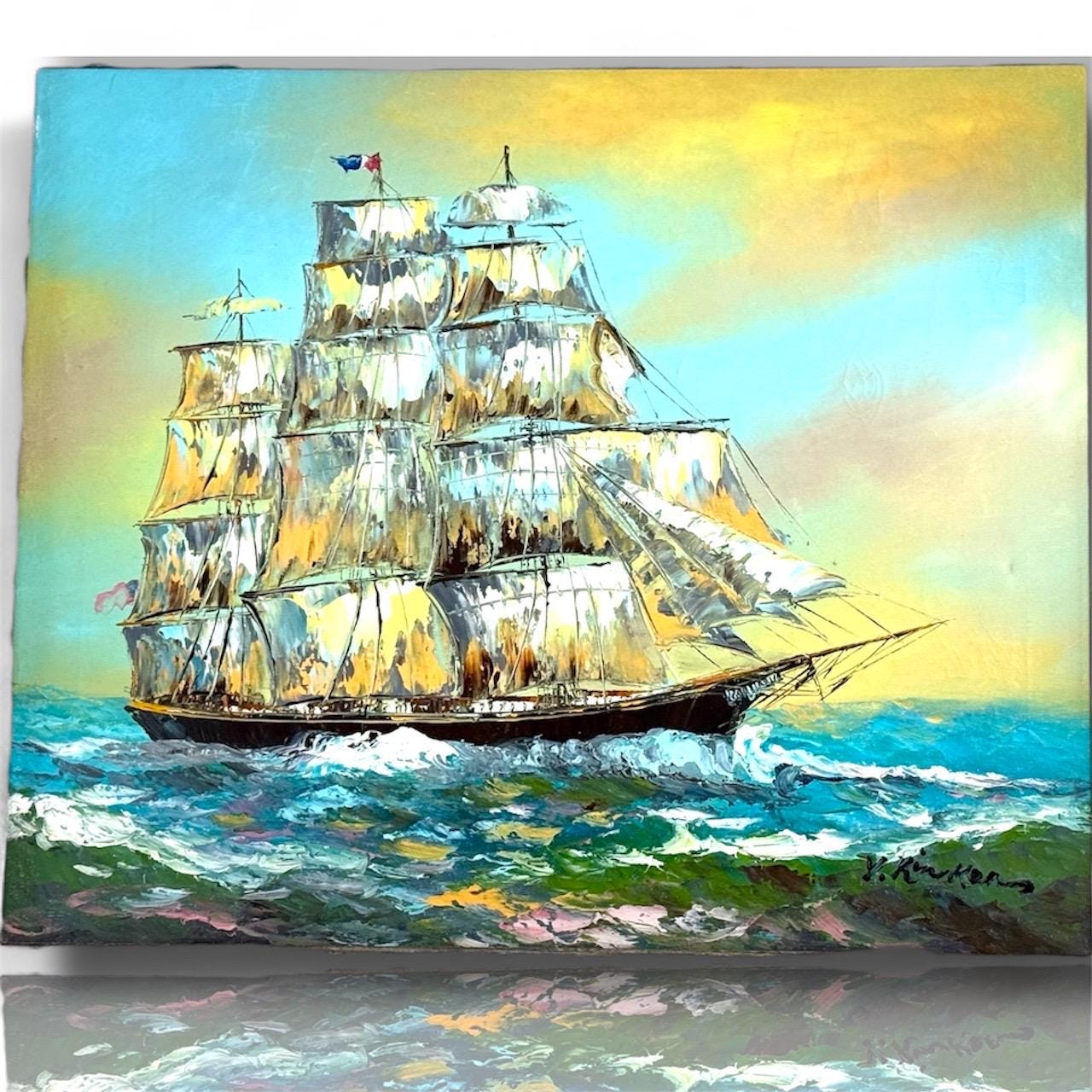 A Vtg Painted Canvas Signed Original Maritime 20th Century Ship Sea Art Y.Kinker