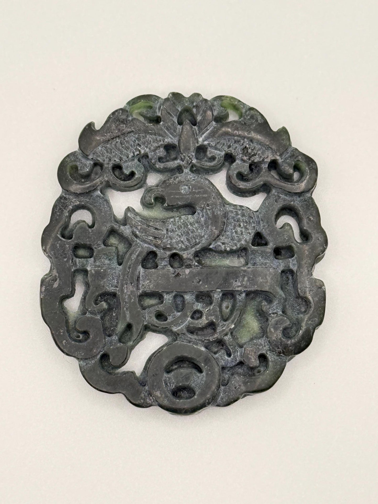 An Old Asian Jade Amulet Natural Black Green Hand Carve Phoenix Dragon Round Art