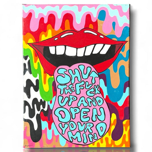 A Signed Artist Original Painted Canvas Bite Me Mouth Lips Rainbow Drip Artwork