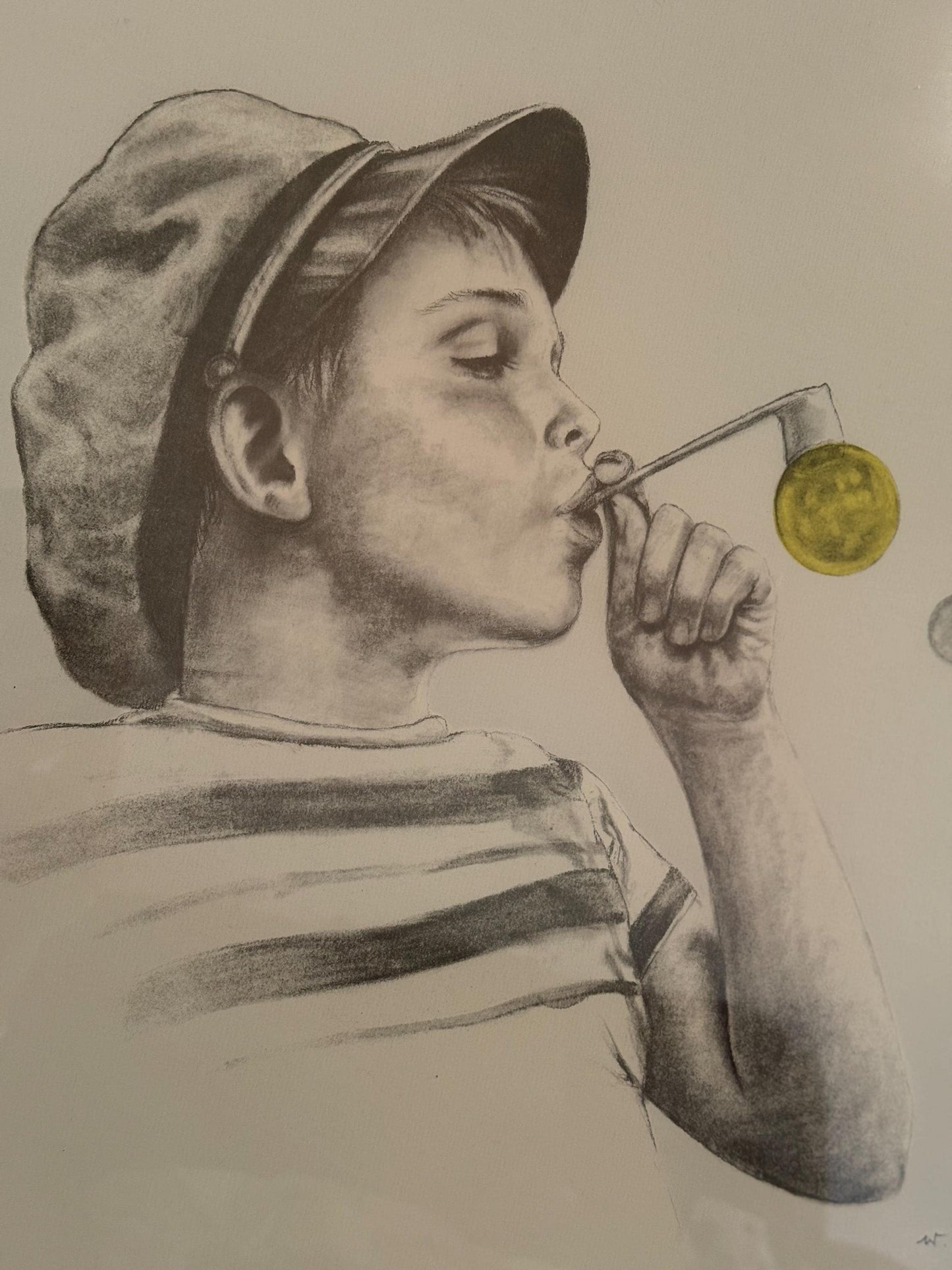 An Original Wolfgang M Otto Pencil Drawing  Boy Blowing Bubble Signed Framed Art