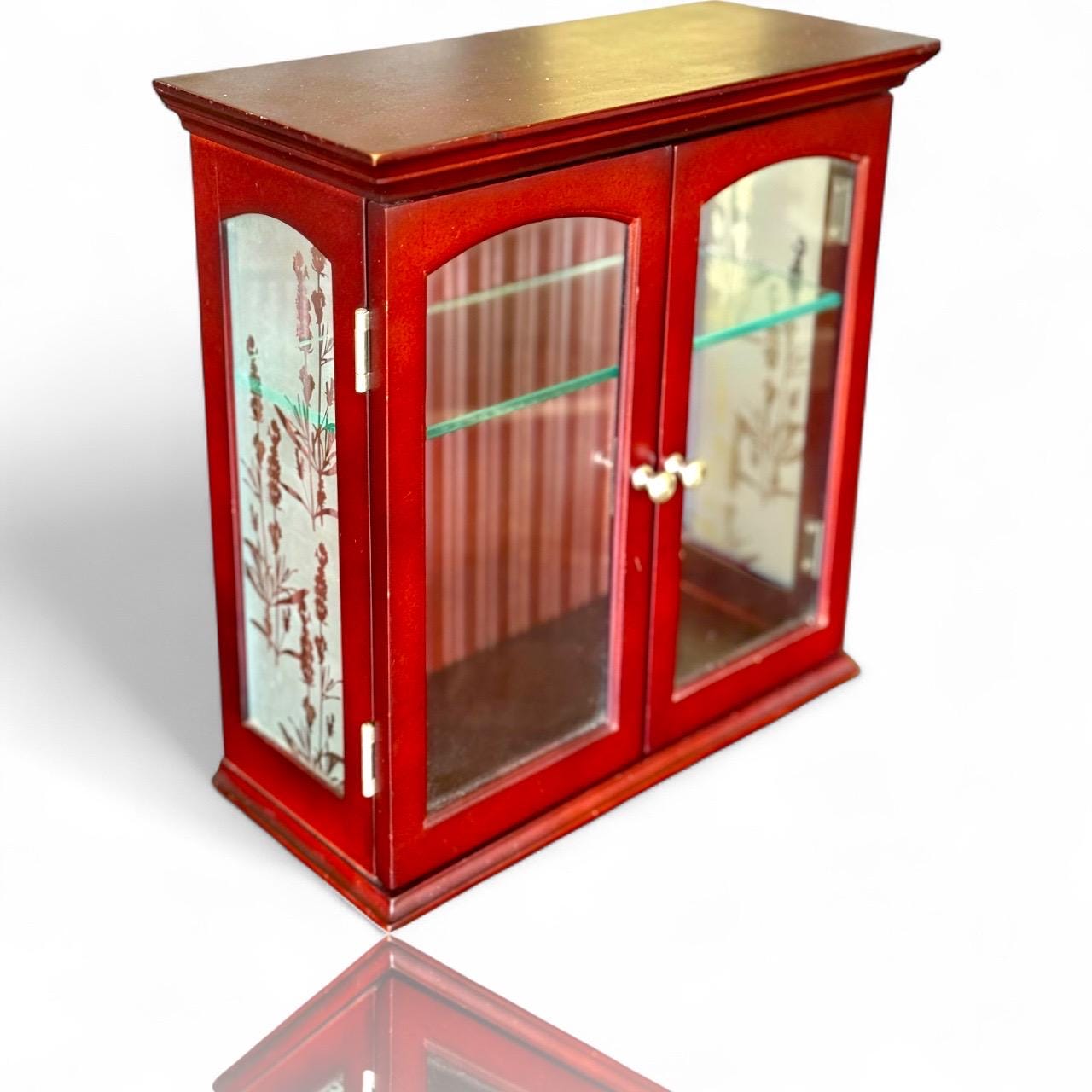 A Cherry Wood Glass Trinket Vintage Wall Hanging Display Jewelry Charm Cabinet