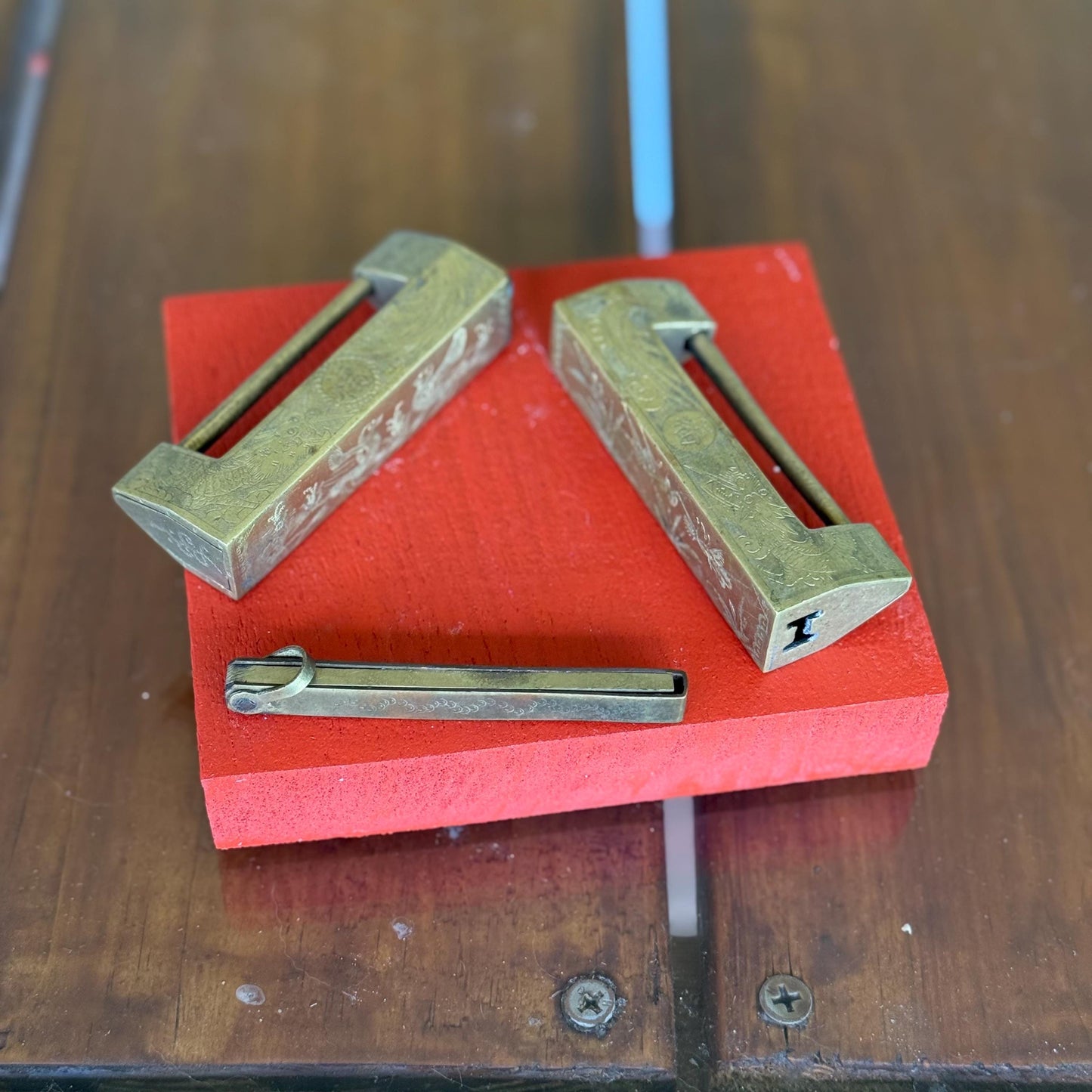 An Antique Chinese Brass Padlocks with Key Both Engraved All Sides and Key Works