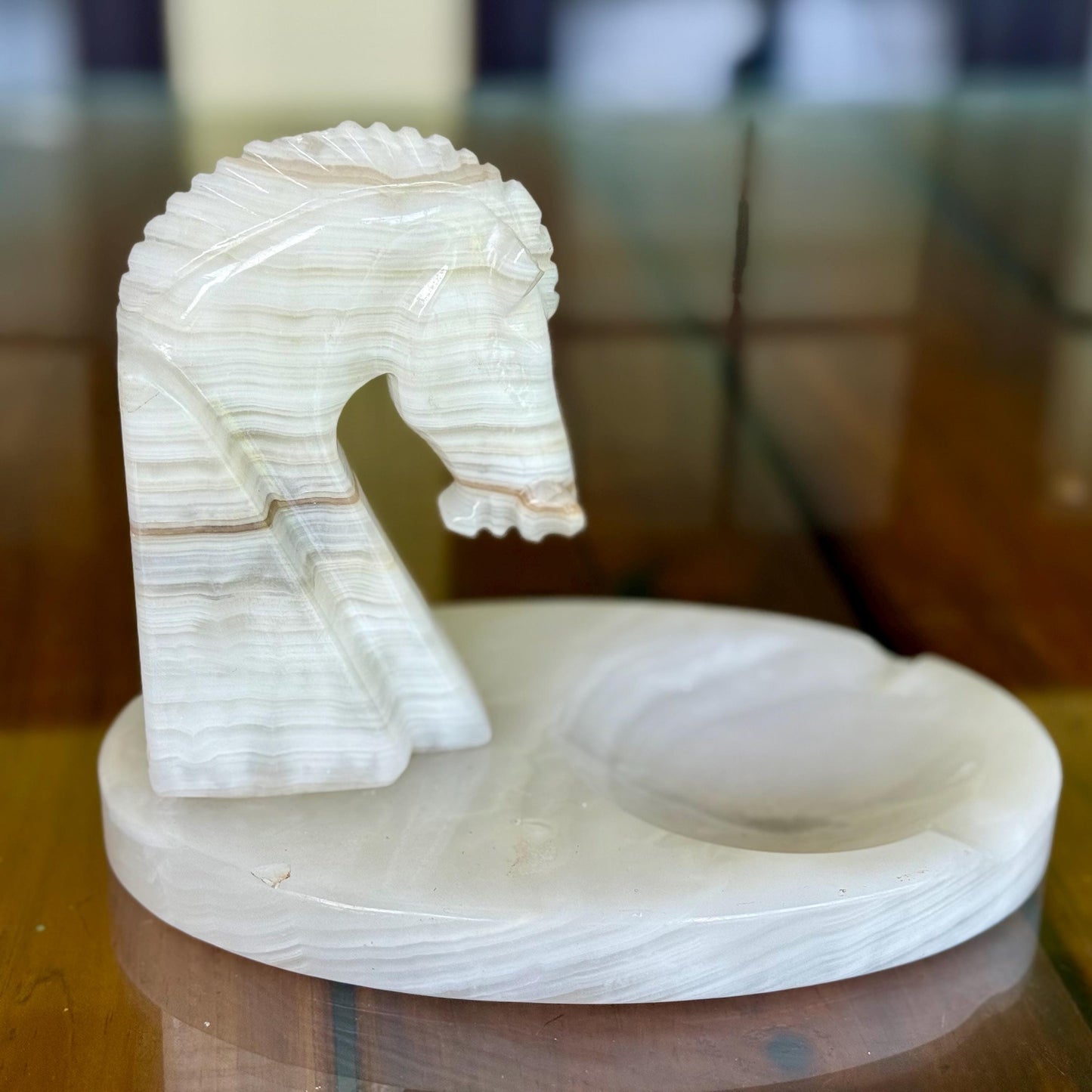 A Handmade Ashtray White Marble Onyx Sculptured Chess Trojan Horse Head Display