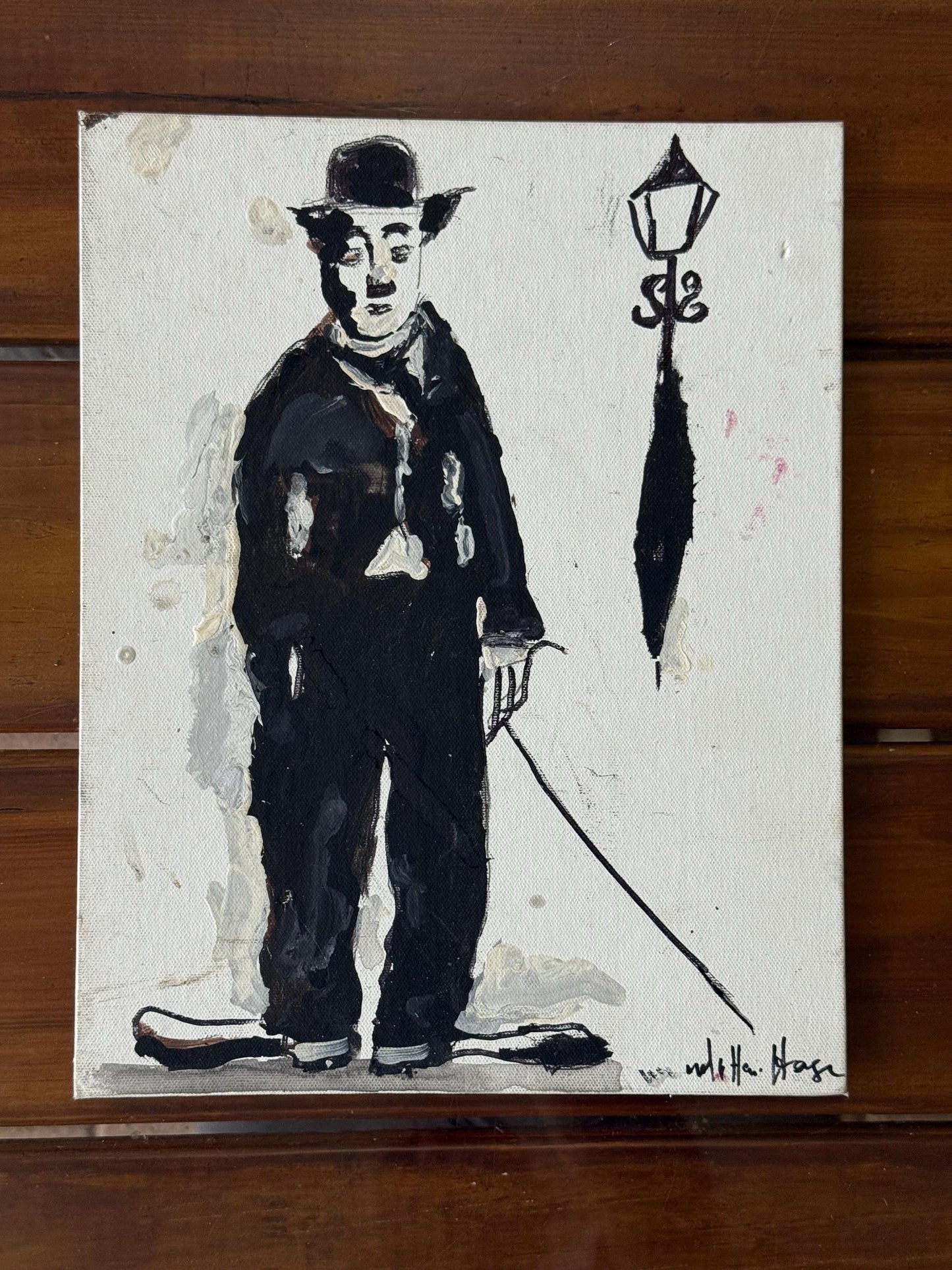 A Painted Canvas Artist Signed Original Artwork Art of Charlie Chaplin Debout #2