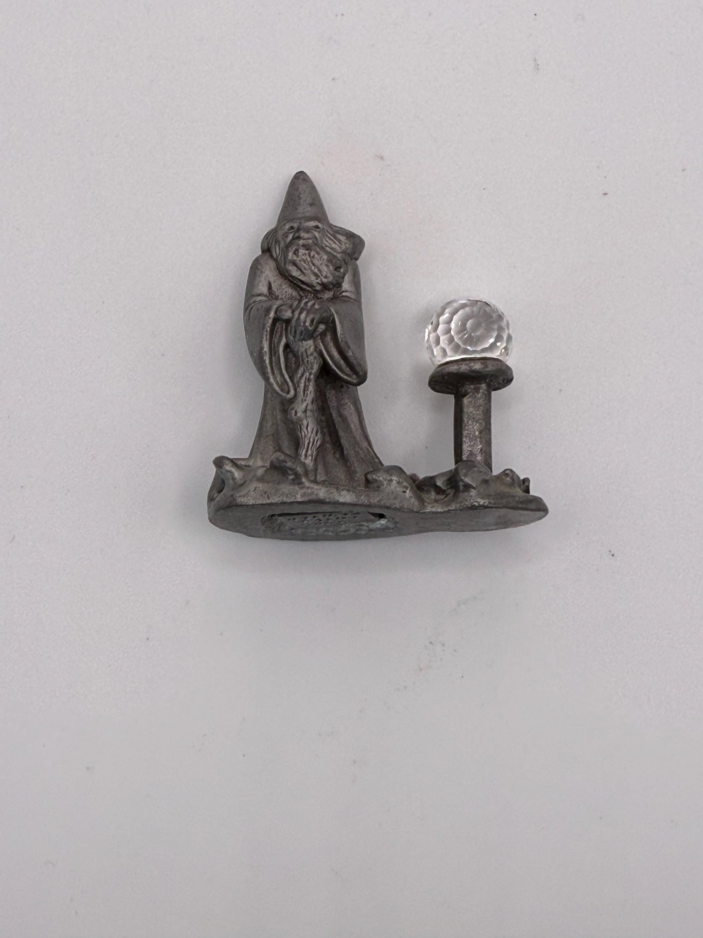 A vintage miniature mini solid pewter wizard with crystal ball figure