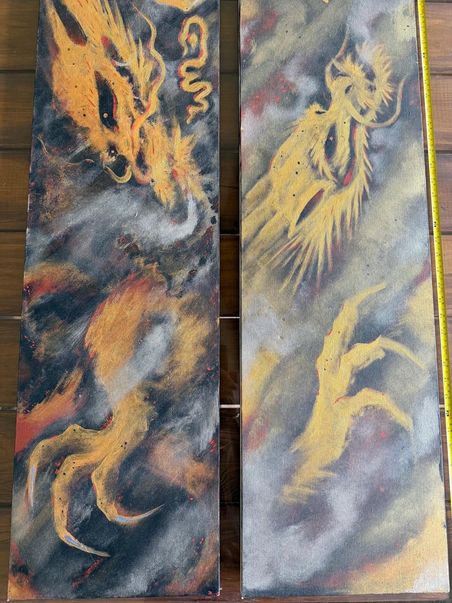 A Spray Painted Canvas Original Art Signed Metallic Gold Silver Smoking Dragon