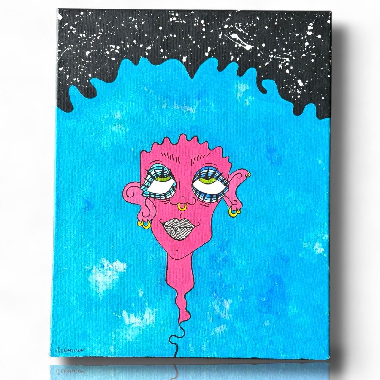A Signed Painted Canvas Artist Original Artwork Pink Blue Girl Indie “arianna”