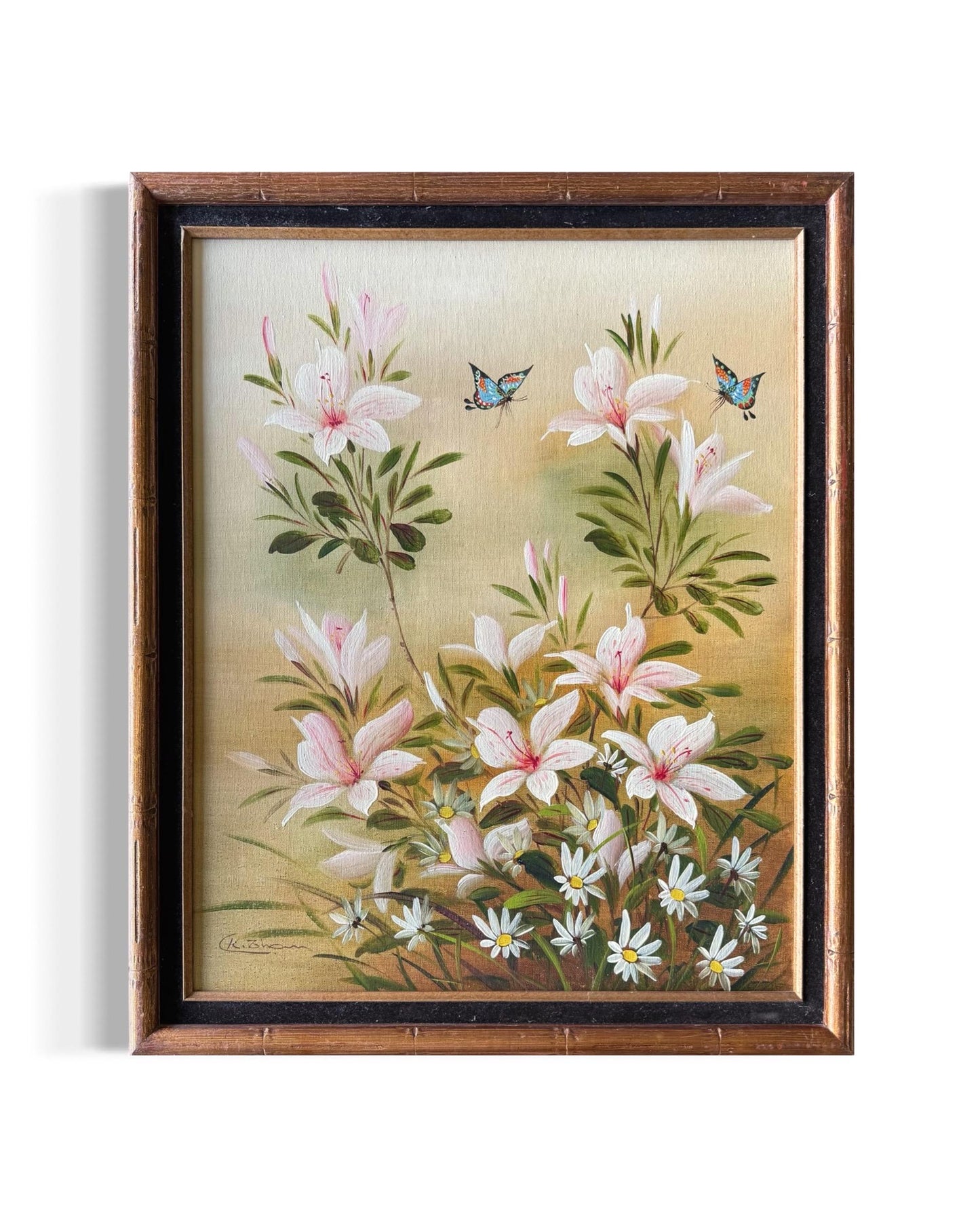 A Painted Canvas Original Art Signed CK Pink Stargazer Lily Flowers Butterflies