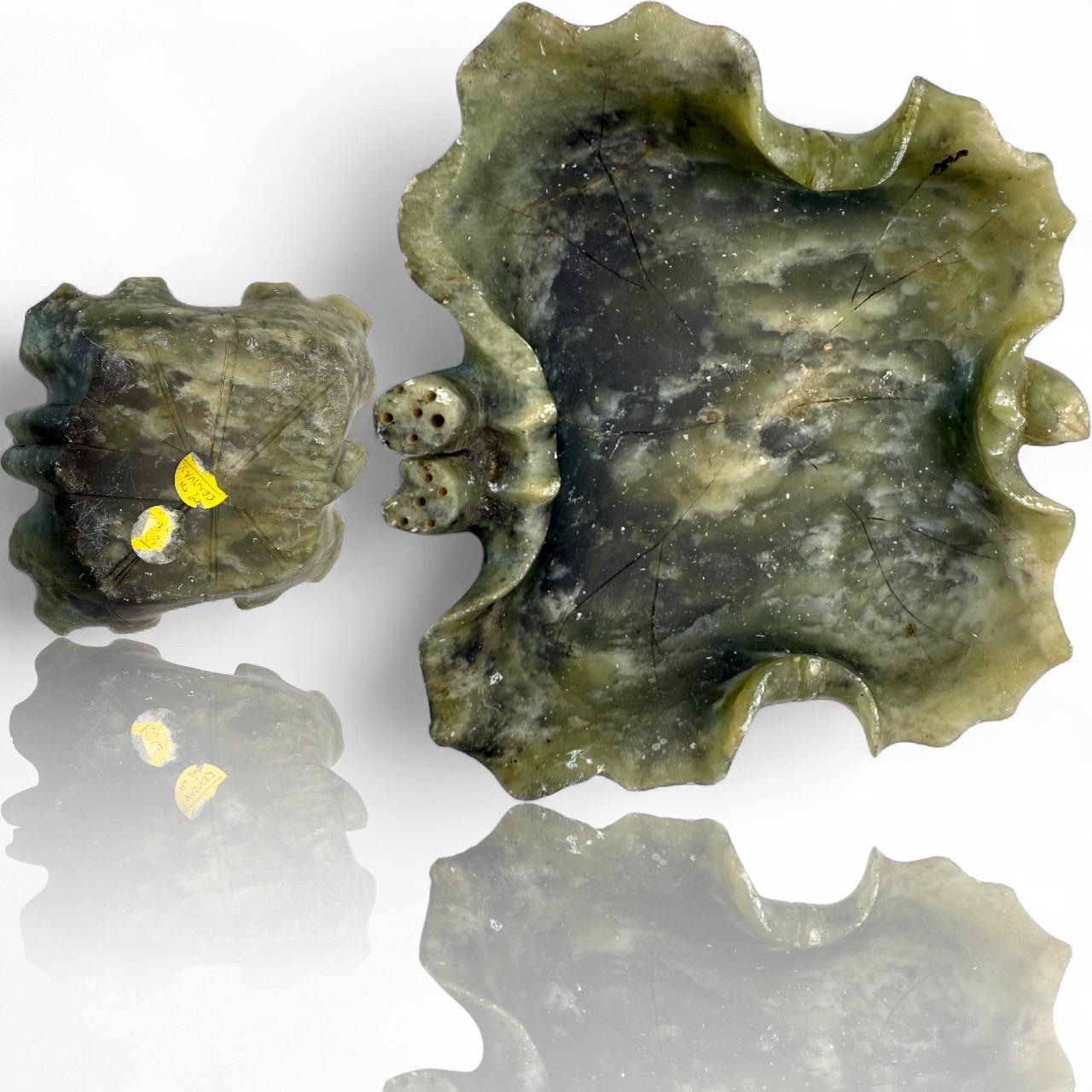 An old hand carved natural green jade ashtray with dice