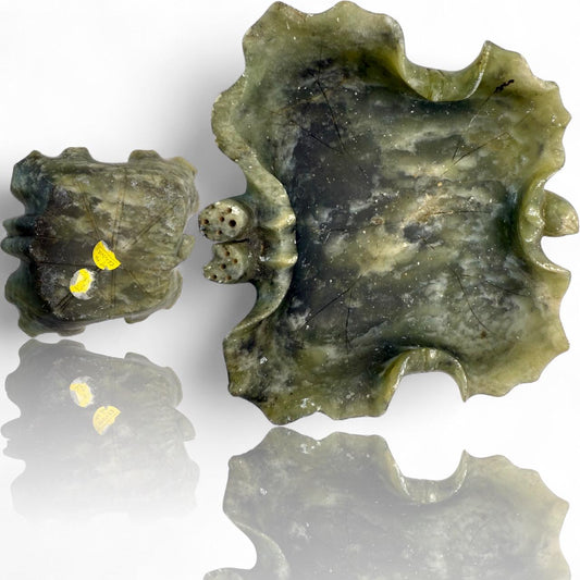 An old hand carved natural green jade ashtray with dice