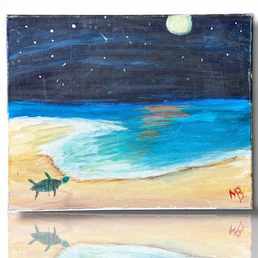 A painted canvas original artwork turtle sea moon night amateur not? Art artist