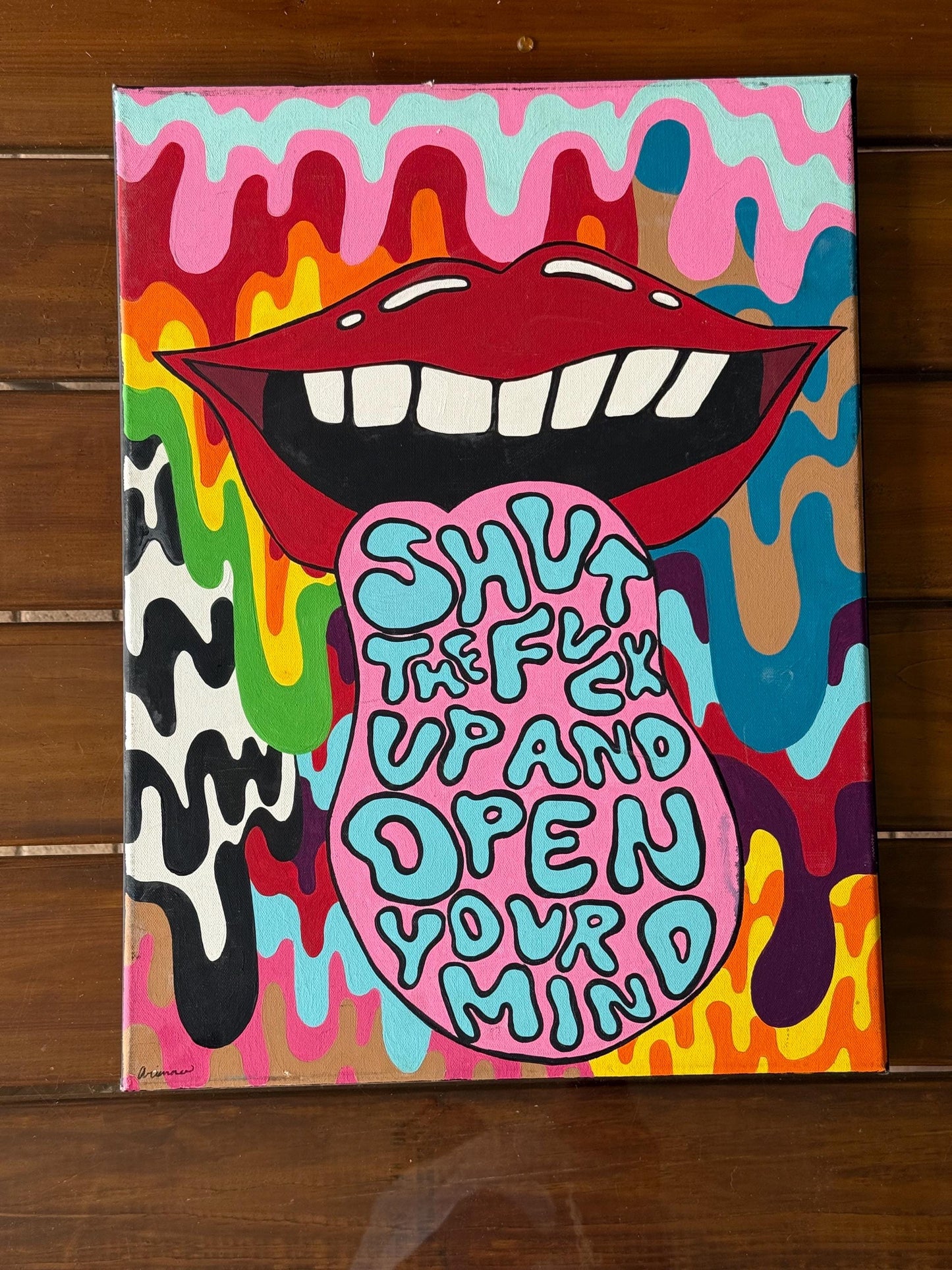 A Signed Artist Original Painted Canvas Bite Me Mouth Lips Rainbow Drip Artwork