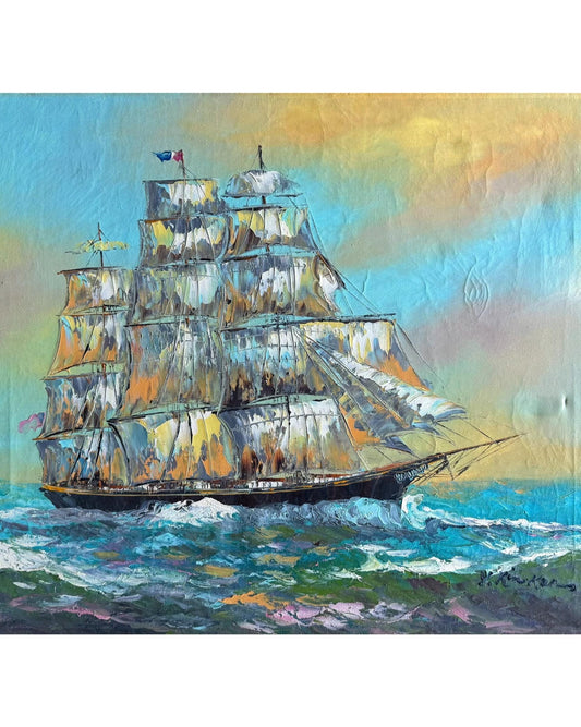 A Vtg Painted Canvas Signed Original Maritime 20th Century Ship Sea Art Y.Kinker