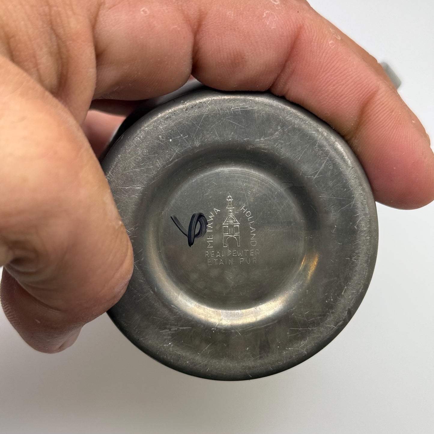 A Small French Silver Etain Lidded Wine Jug Cup Fine Vintage