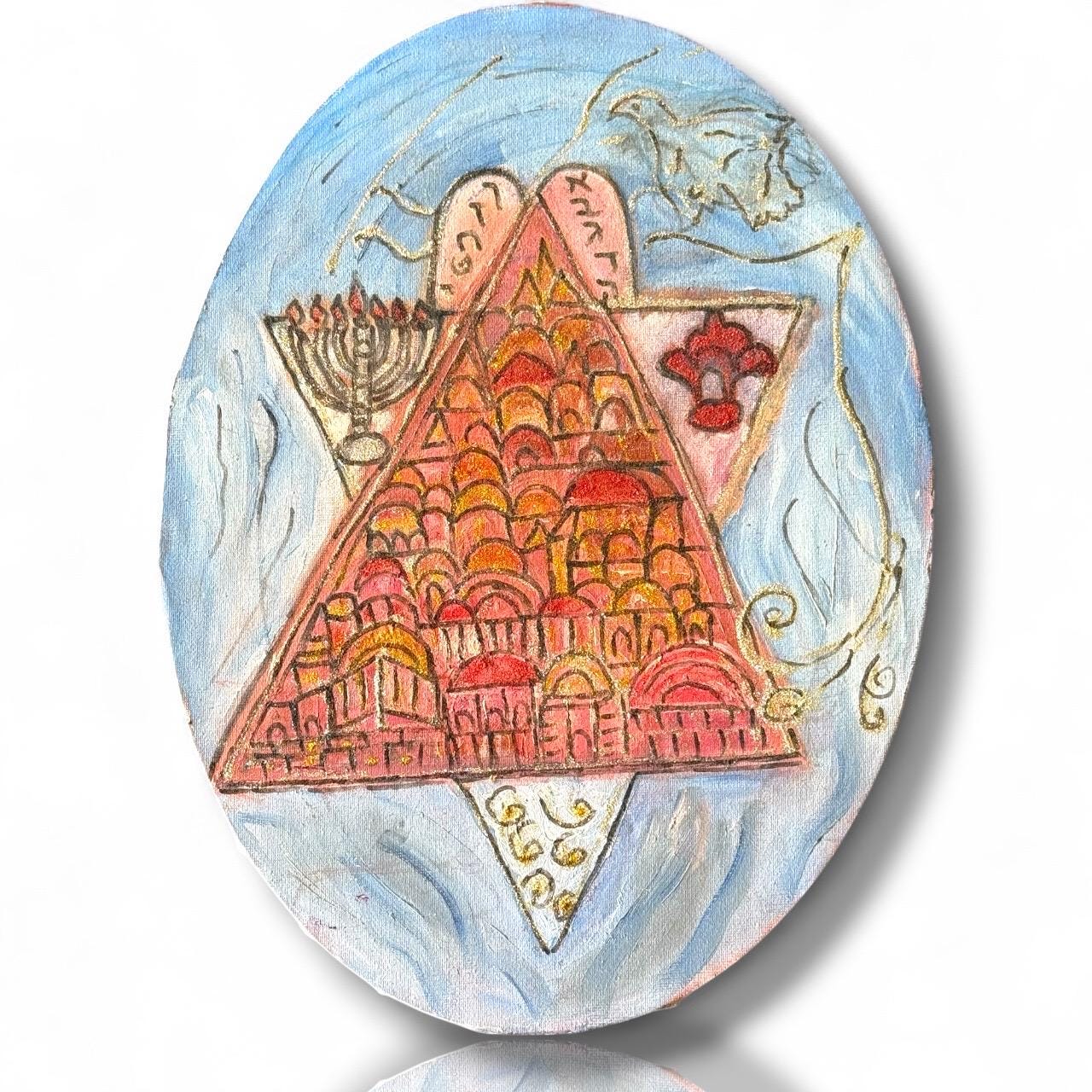 An original painting on canvas Jerusalem Menorah Tablets Dove Star of David Art